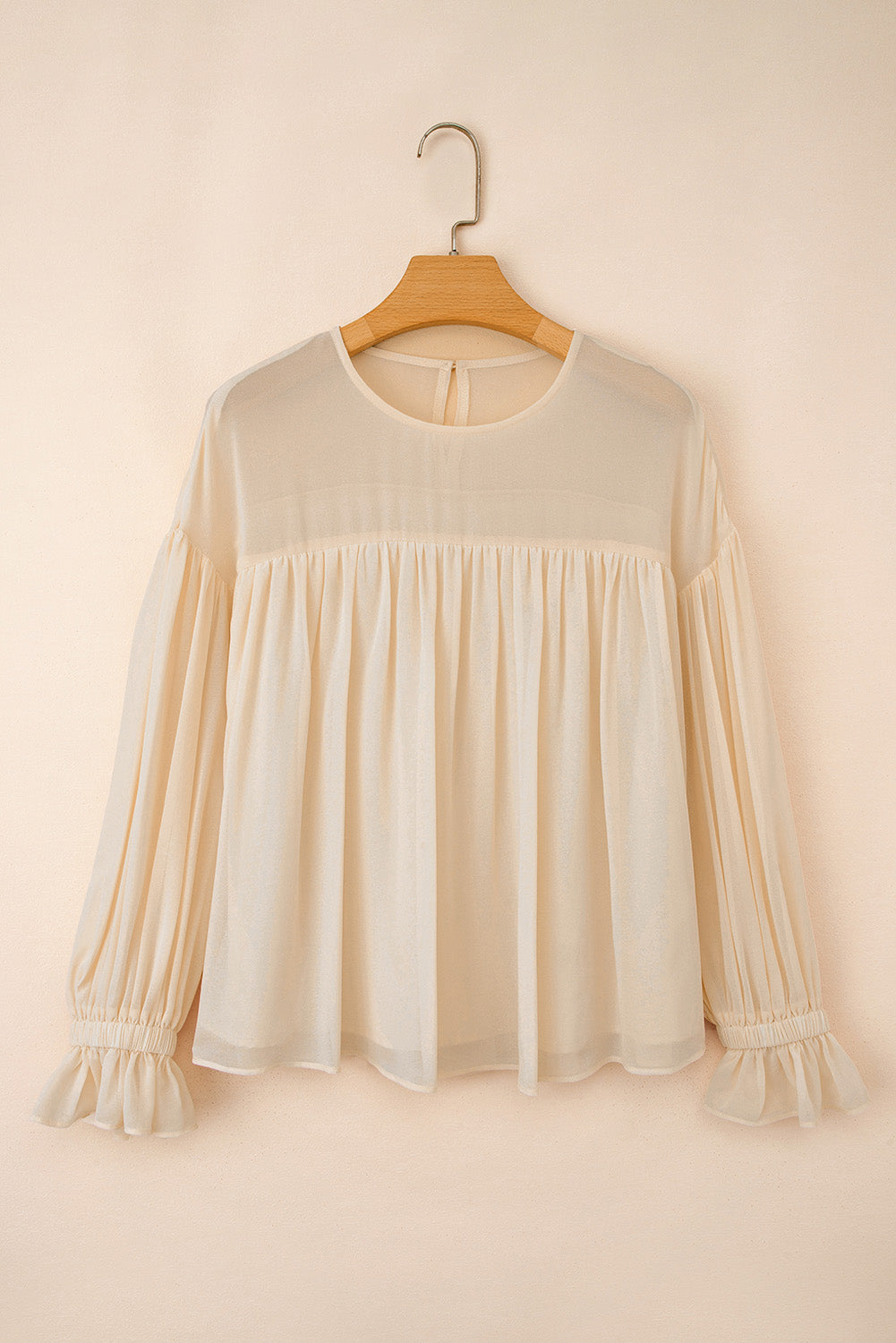 Parchment Pleated Ruffle Long Sleeve Chiffon Blouse