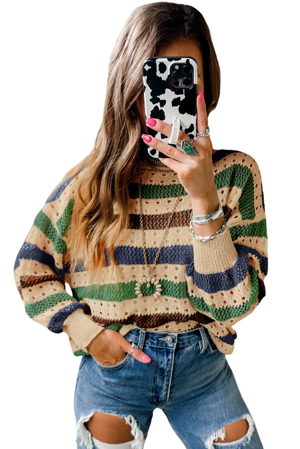 Multicolor Striped Hollowed Knitted Loose Sweater