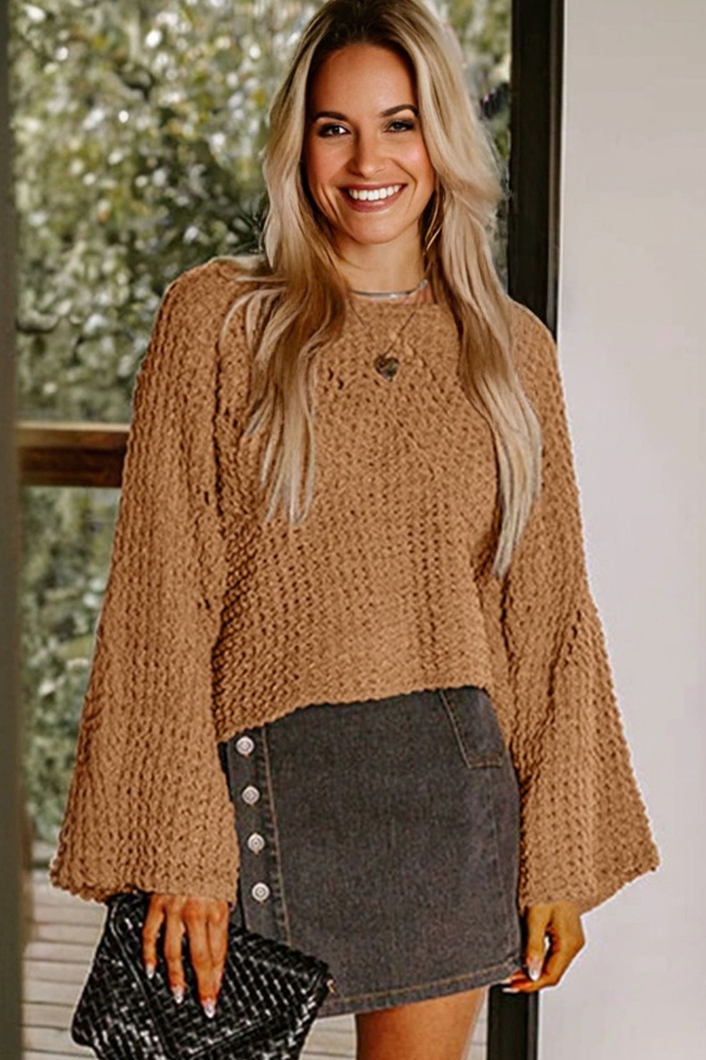 White Hollowed Detail Wide Sleeve Loose Pullover Sweater