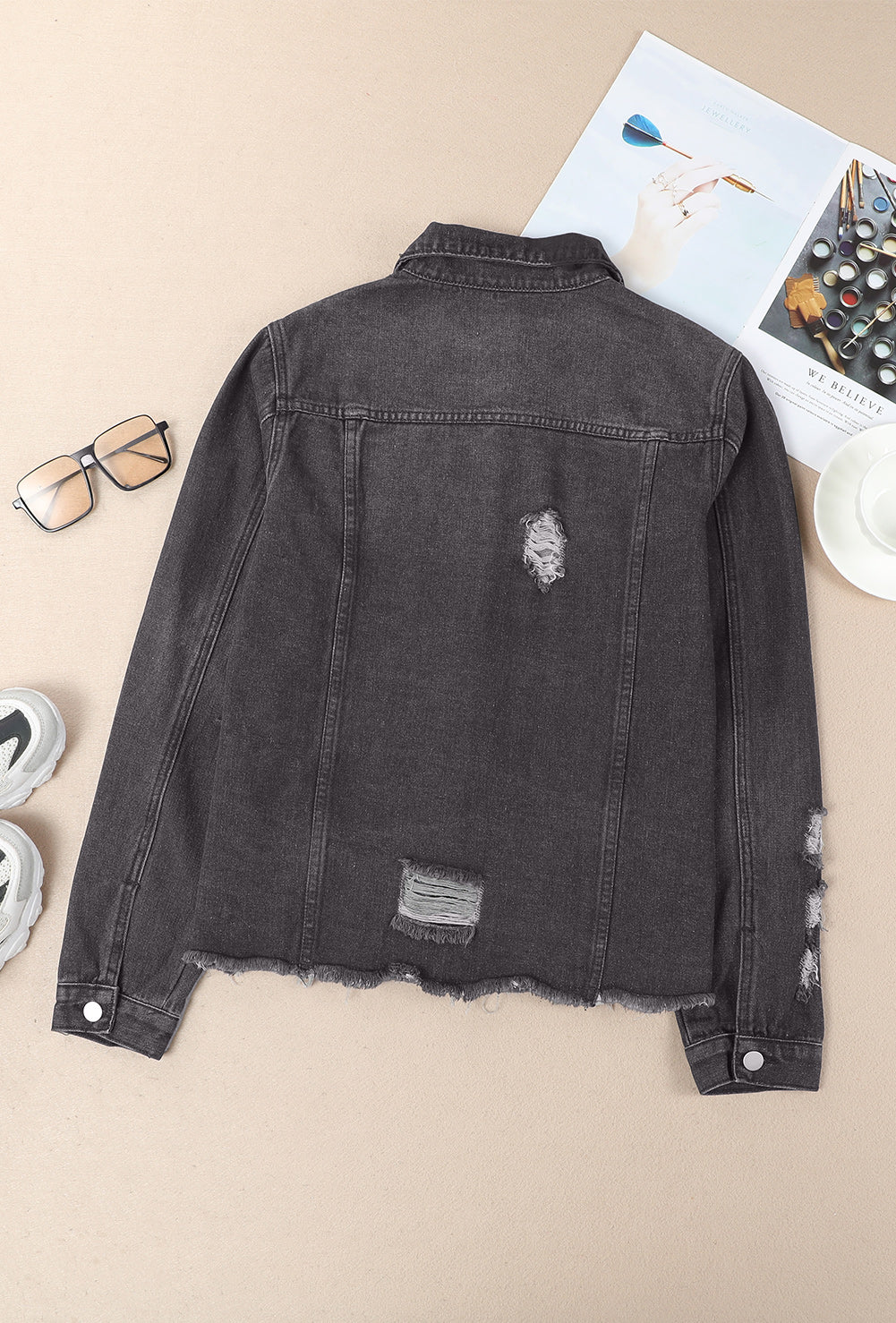 Black Distressed Raw Hem Denim Jacket