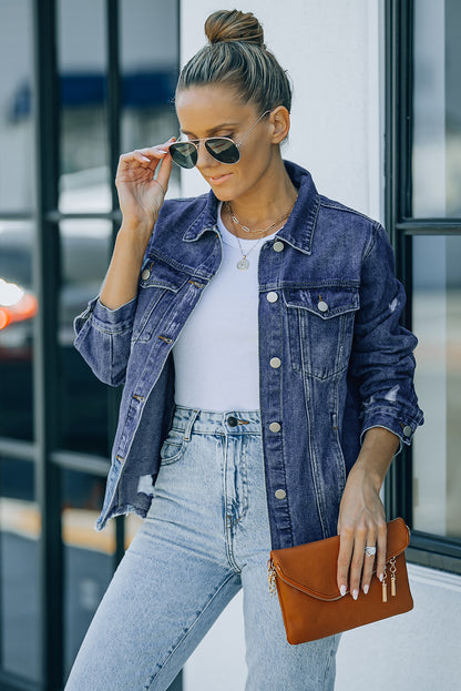 Black Distressed Raw Hem Denim Jacket