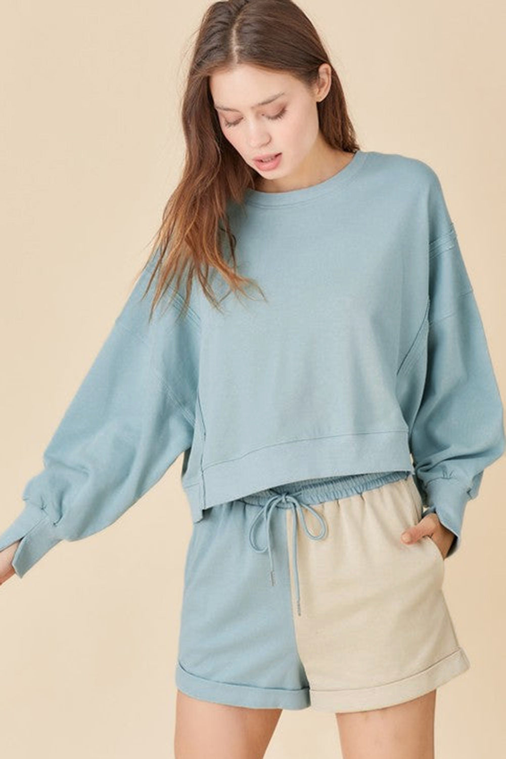 Sky Blue Split Hem Sweatshirt Color Block Shorts Set