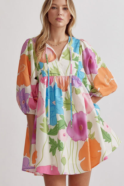 White Puff Sleeve Tied Split Neck Colorful Floral Flowy Dress