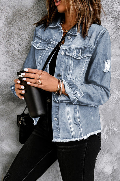 Black Distressed Raw Hem Denim Jacket