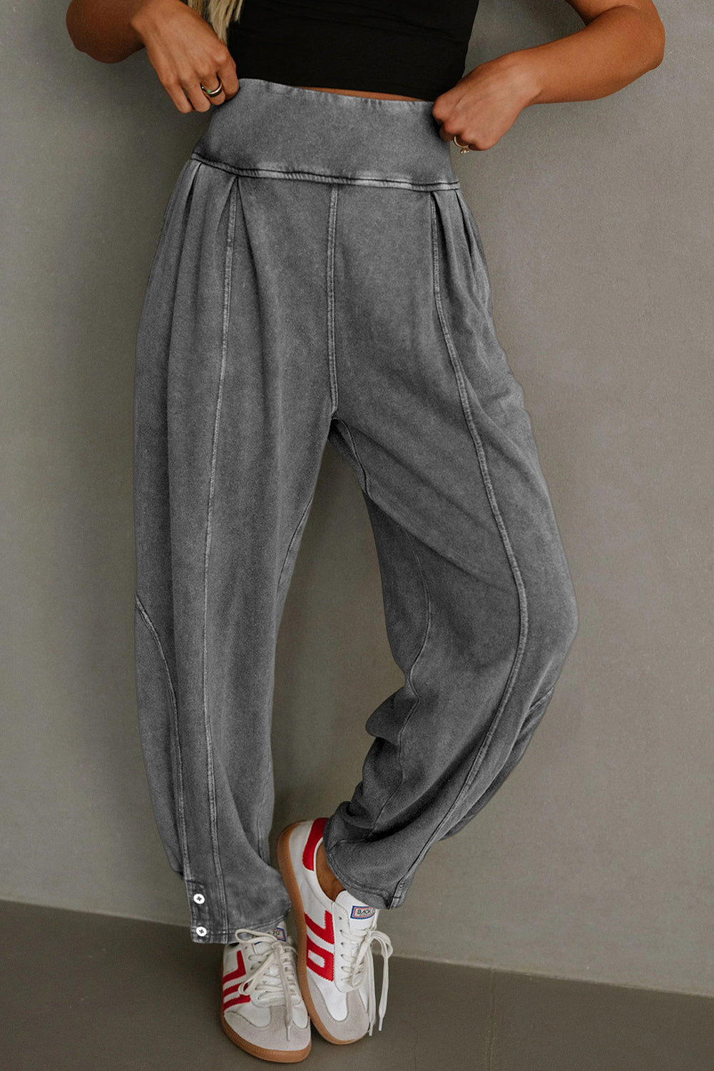 Medium Grey Mineral Wash Jogger Style High Waist Pants