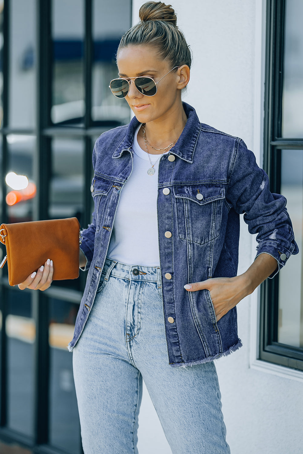 Black Distressed Raw Hem Denim Jacket