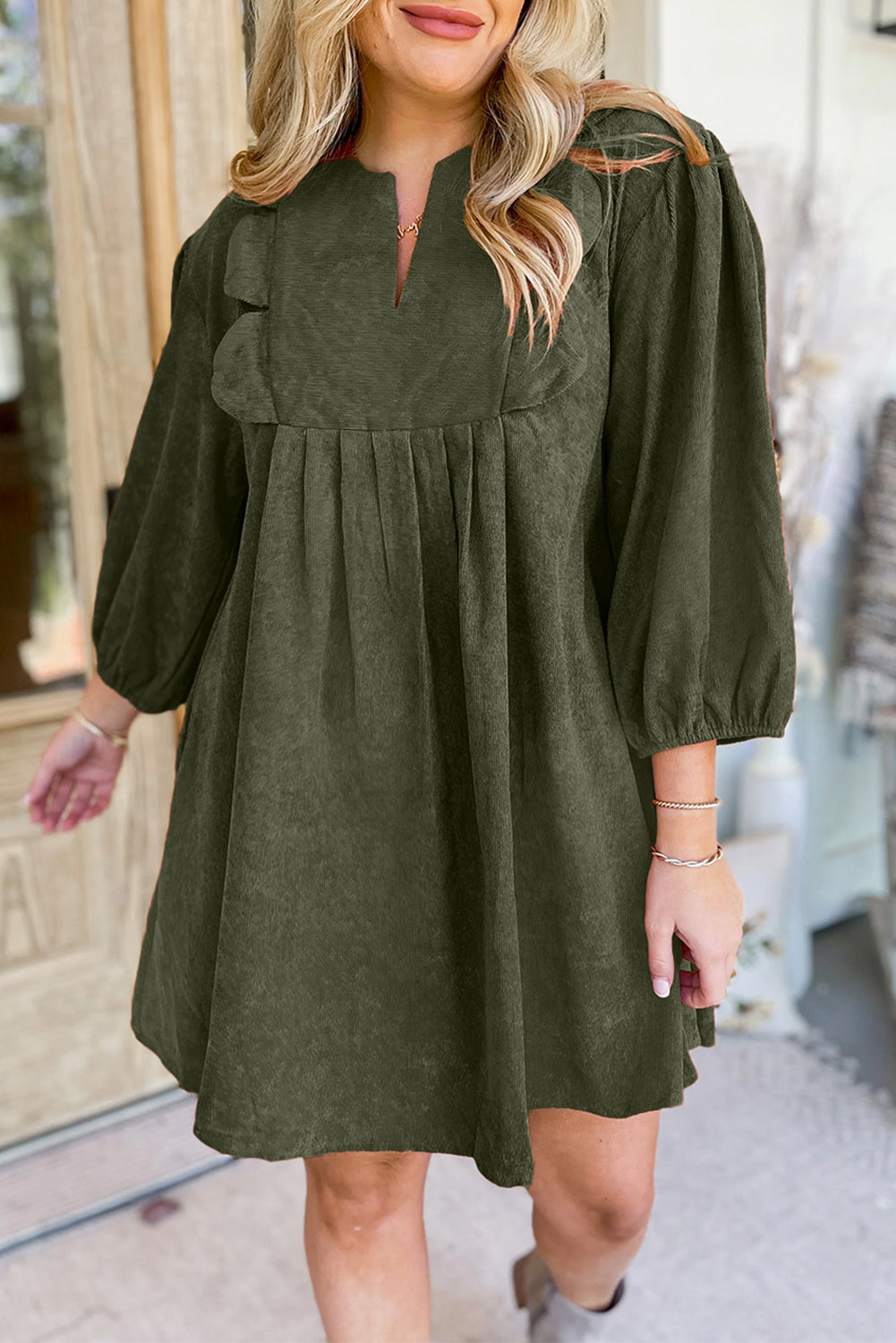 Moss Green Split Neck Scallop Detail Pleated Corduroy Mini Dress