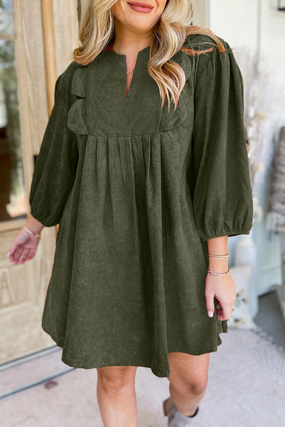 Moss Green Split Neck Scallop Detail Pleated Corduroy Mini Dress