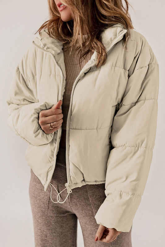 Apricot Zip Up Drawstring Hem Pocket Puffer Coat