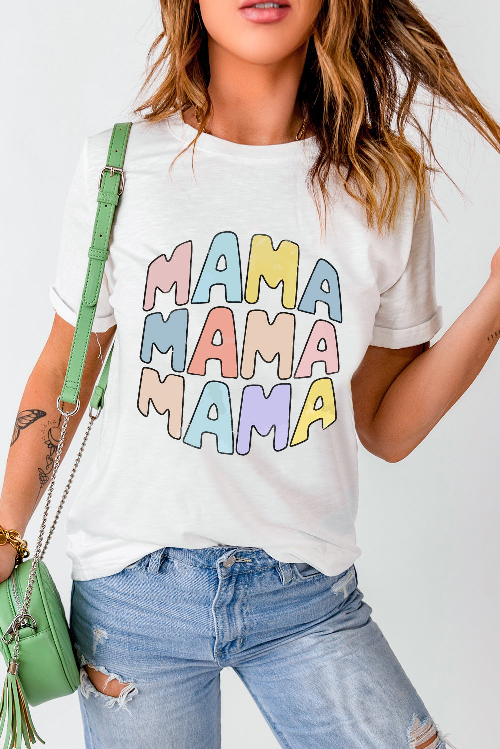 White Casual MAMA Slogan Graphic Crew Neck T Shirt