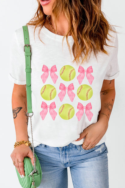 White Casual Bow Tie Baseball Graphic Round Neck Tee