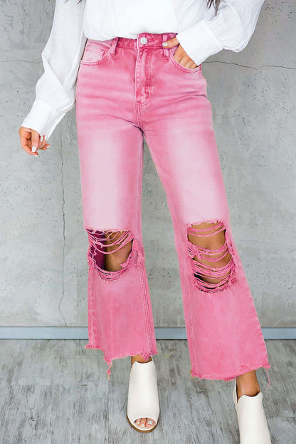 Pink Distressed Ripped Raw Hem High Waist Flare Jeans