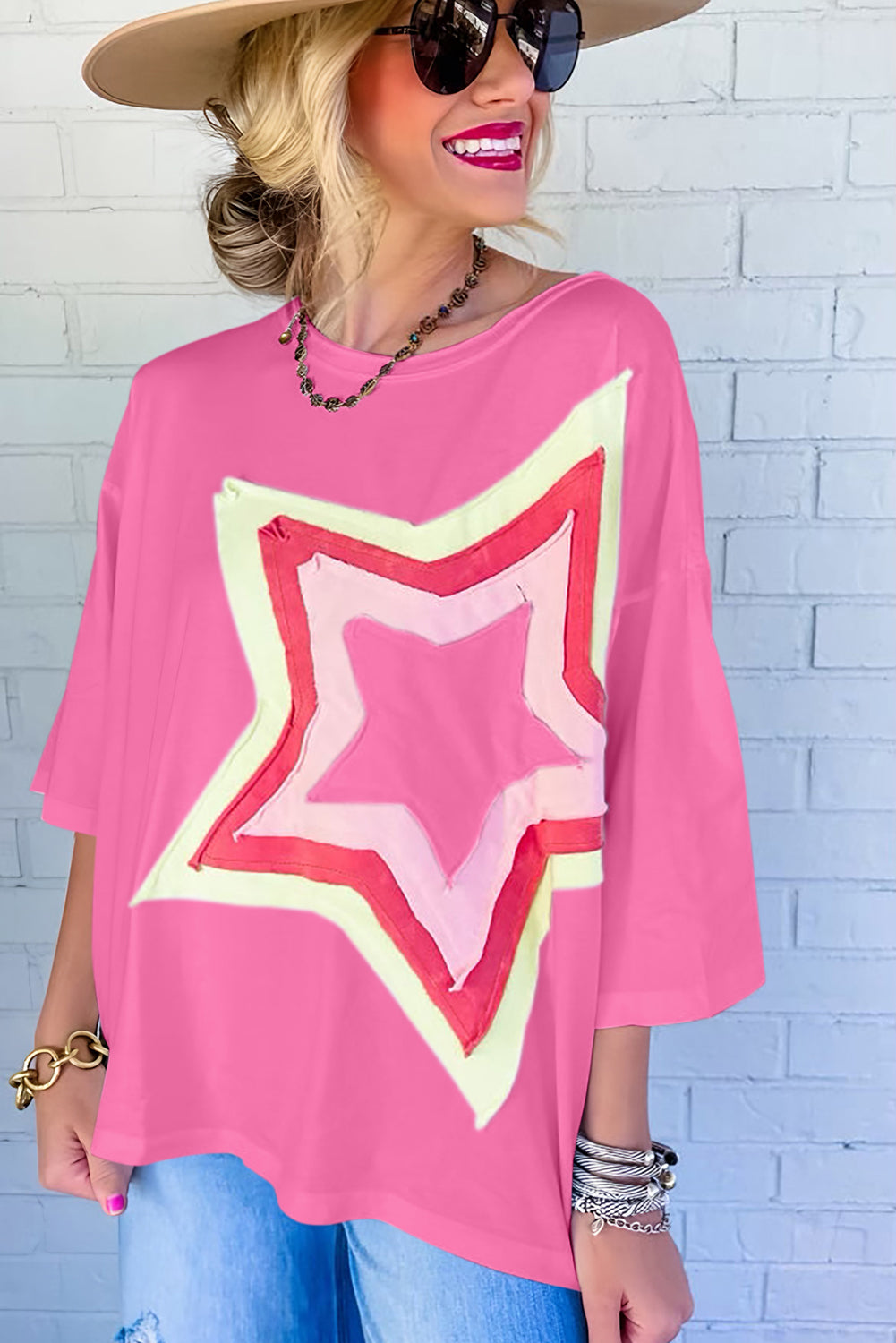 Light Pink Colorblock Star Patched Half Sleeve Oversized Tee