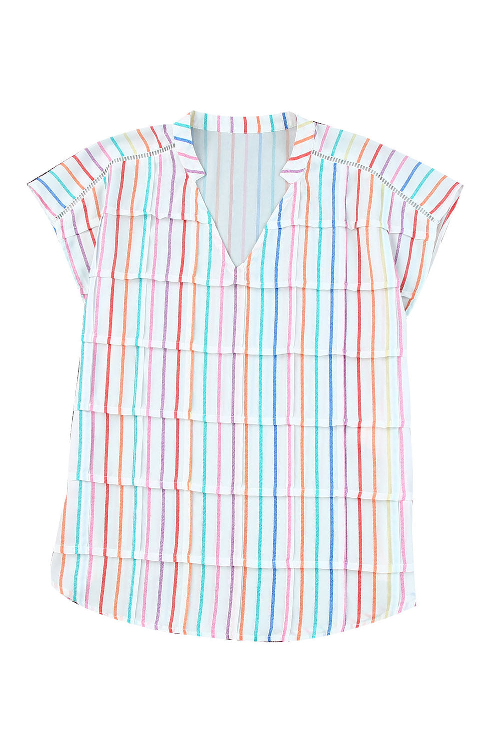 Multicolor Striped Print V Neck Cap Sleeve Blouse