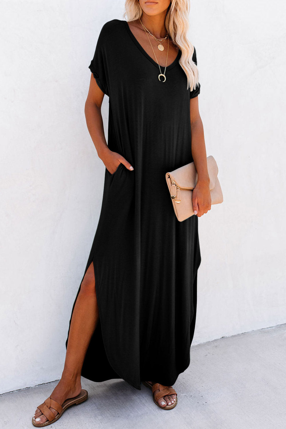 Grass Green Solid Color Hidden Pocket V Neck Slit Maxi Dress