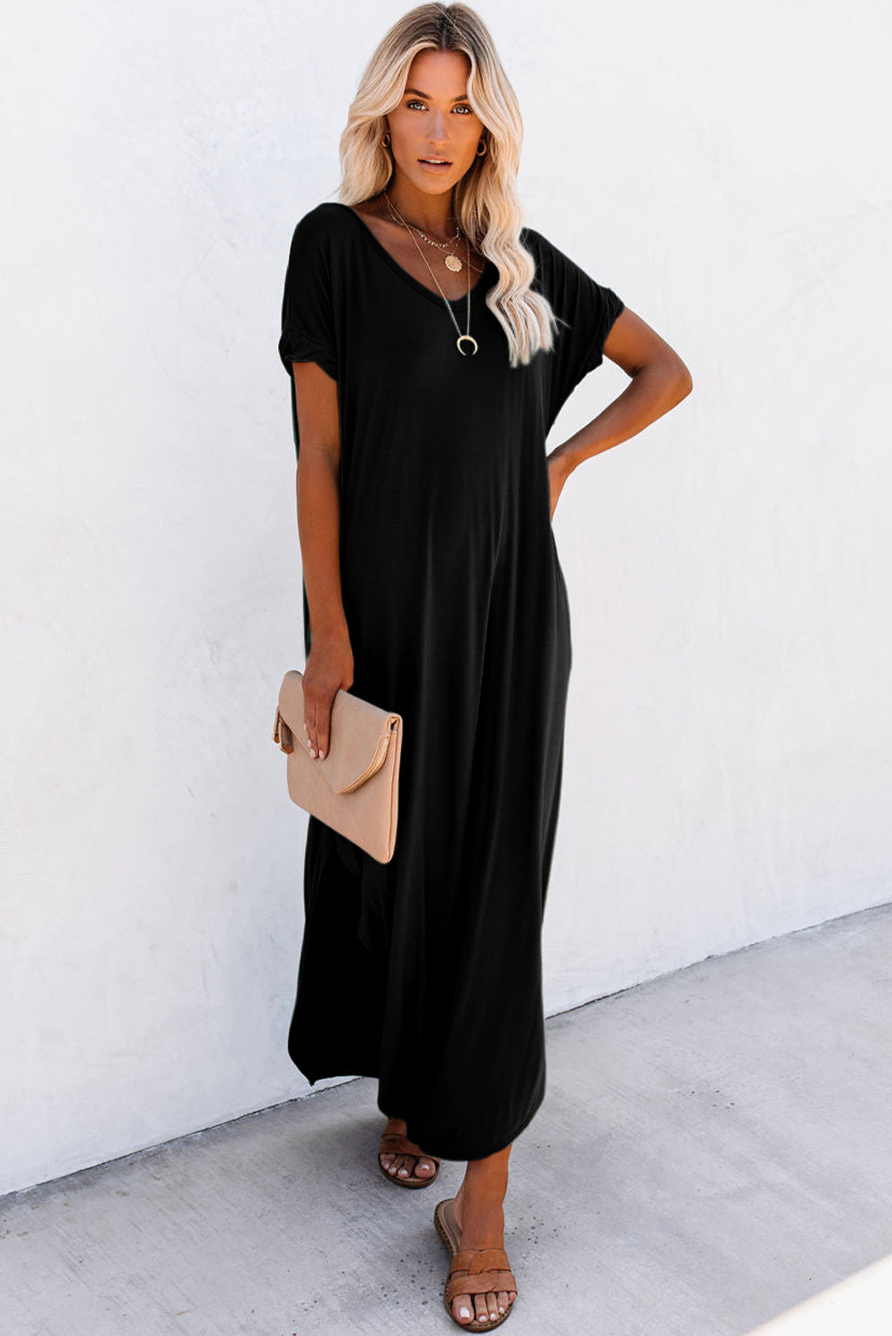 Grass Green Solid Color Hidden Pocket V Neck Slit Maxi Dress