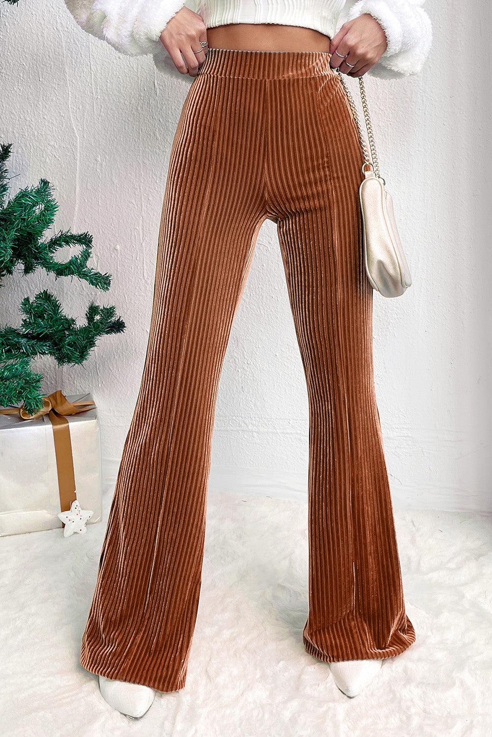 Black Solid Color High Waist Corduroy Flare Pants