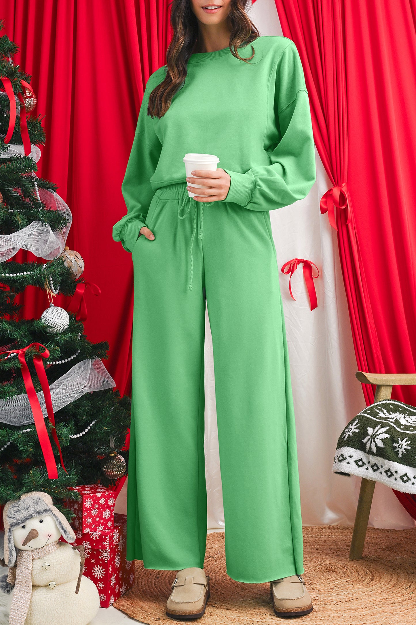 Mist Blue Drop Shoulder Crop Pullover Drawstring Wide Leg Pants Set