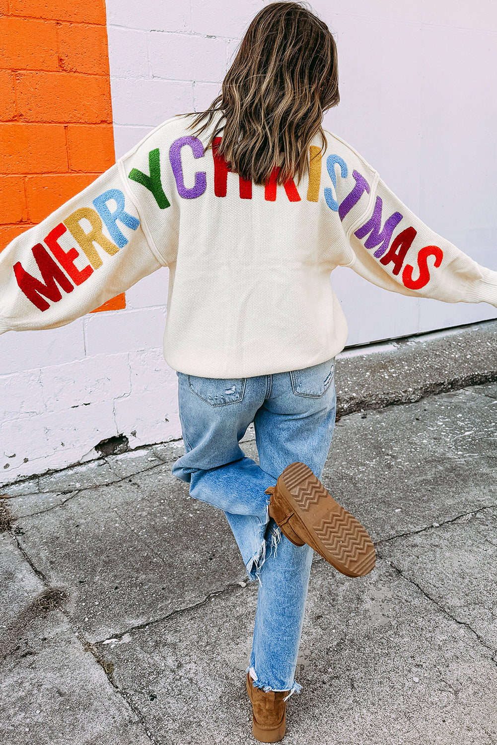 White HOHOHO MERRY CHRISTMAS Chenille Letter Graphic Holiday Sweater