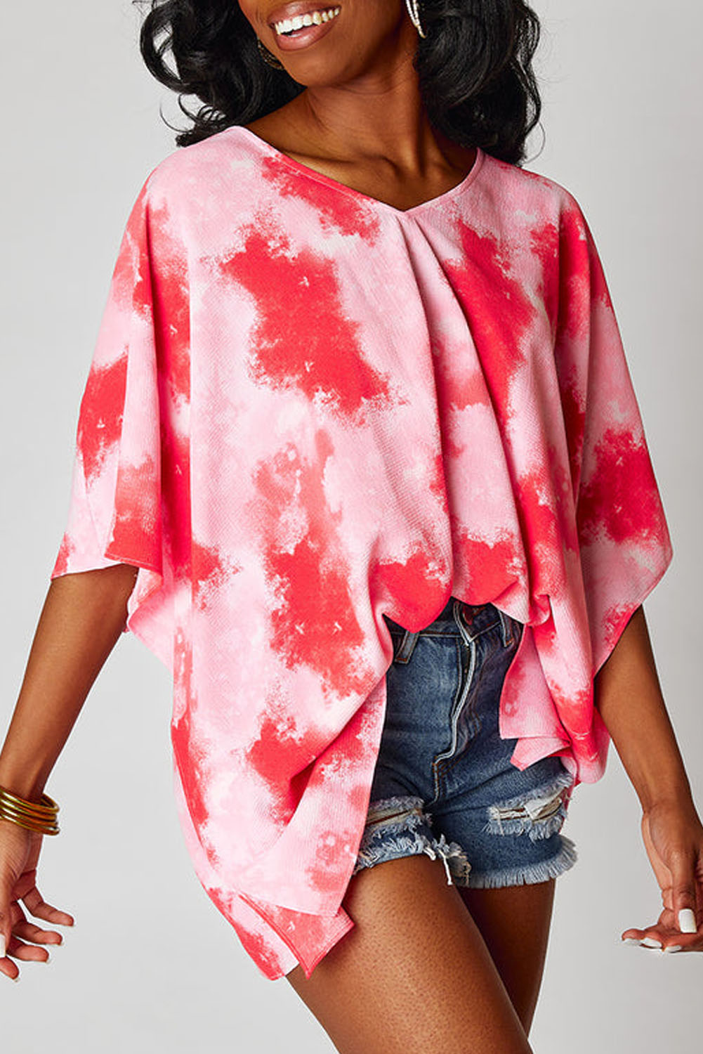 Wholesale Red Plus Size Tie Dye Print 3/4 Sleeve Tunic Top