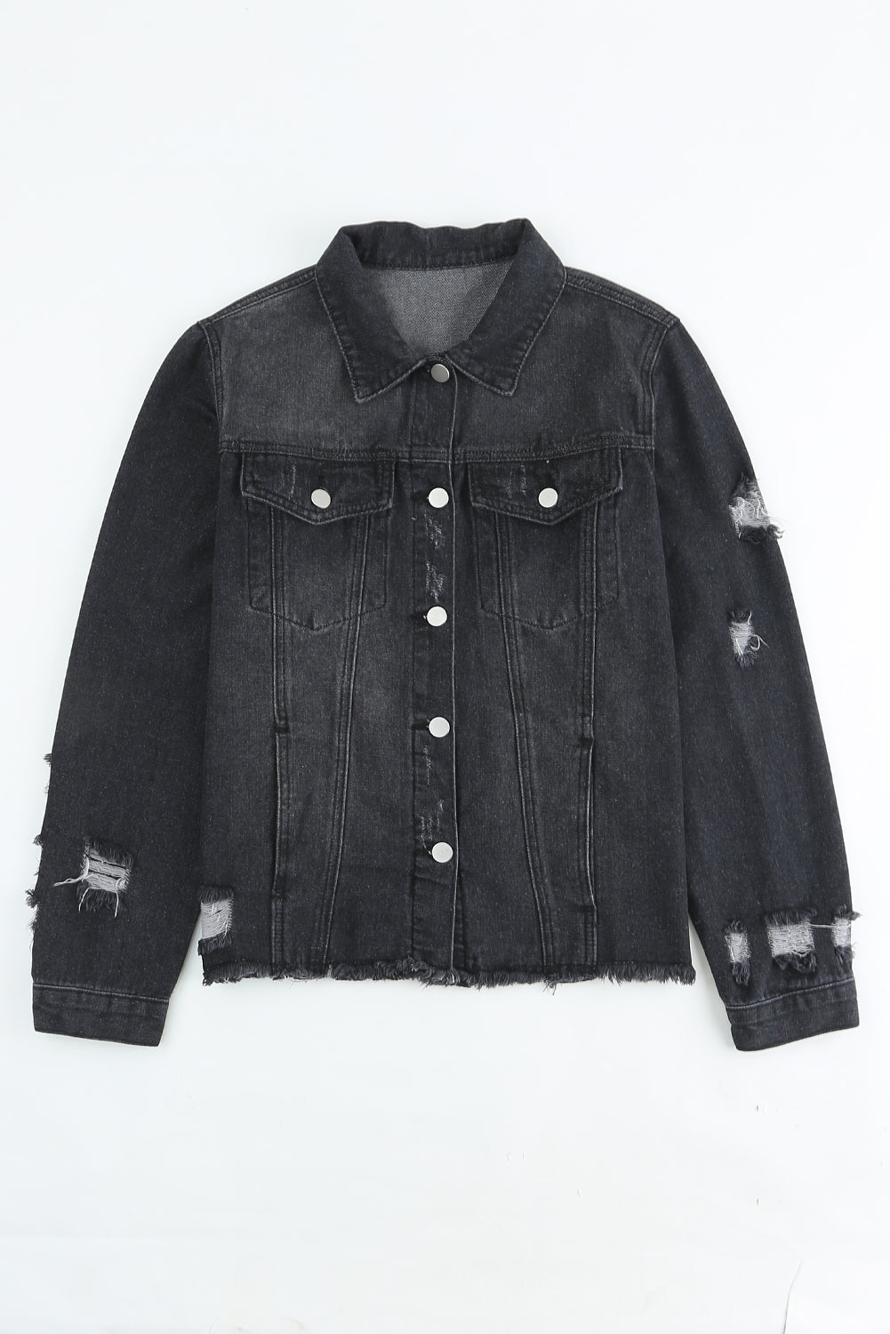 Black Distressed Raw Hem Denim Jacket