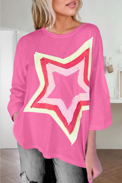 Light Pink Colorblock Star Patched Half Sleeve Oversized Tee