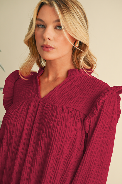 Fiery Red Frill Trim V Neck Loose Fit Ribbed Mini Dress