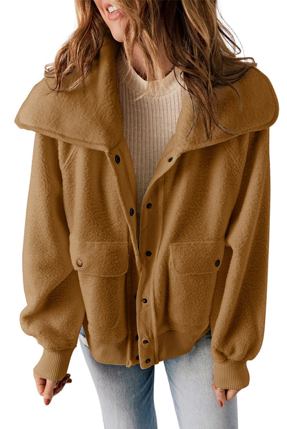 Brown Button Flap Pockets Collared Fleece Jacket