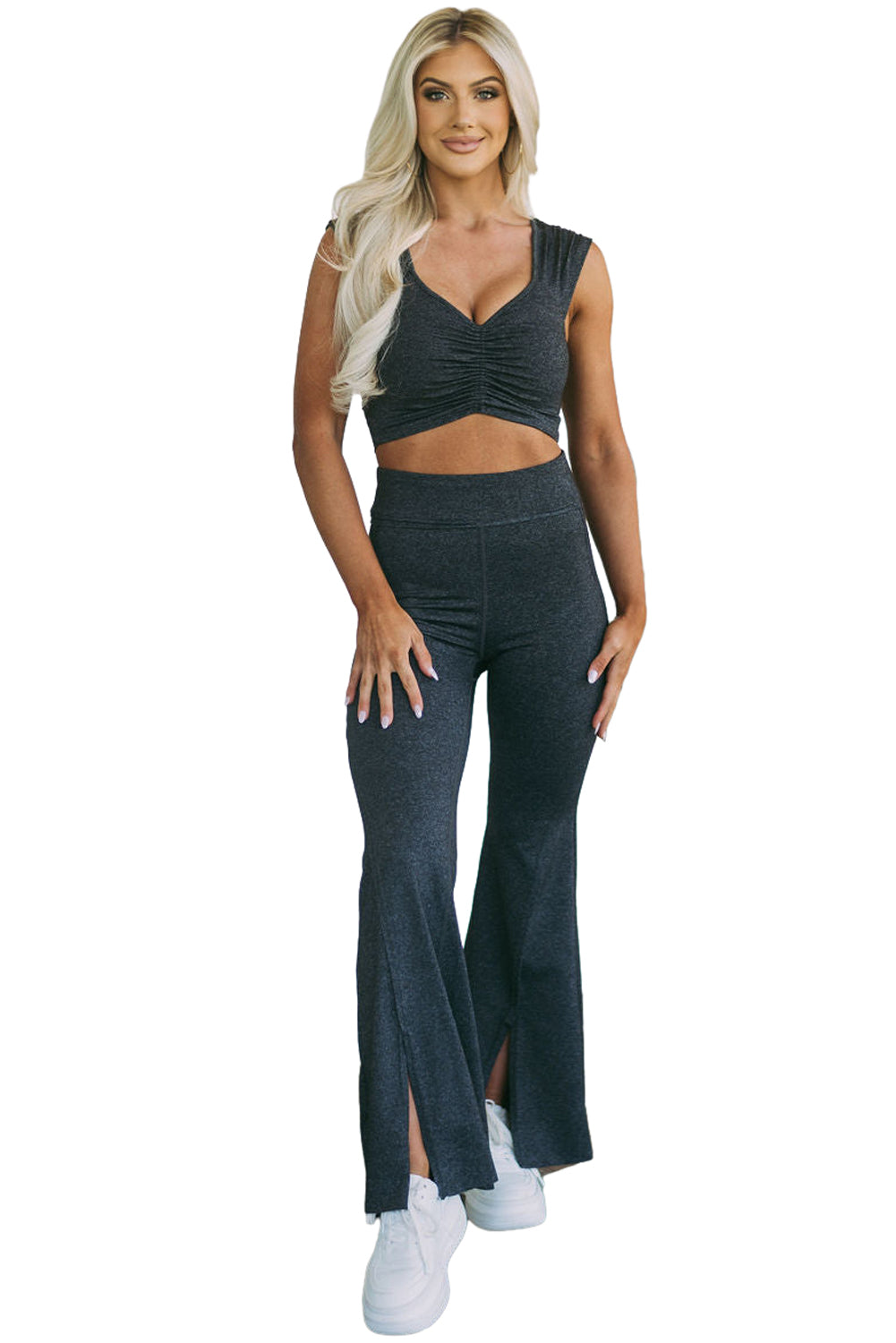 Carbon Grey Ruched Cropped Tank Split Flare Leg Pants Set