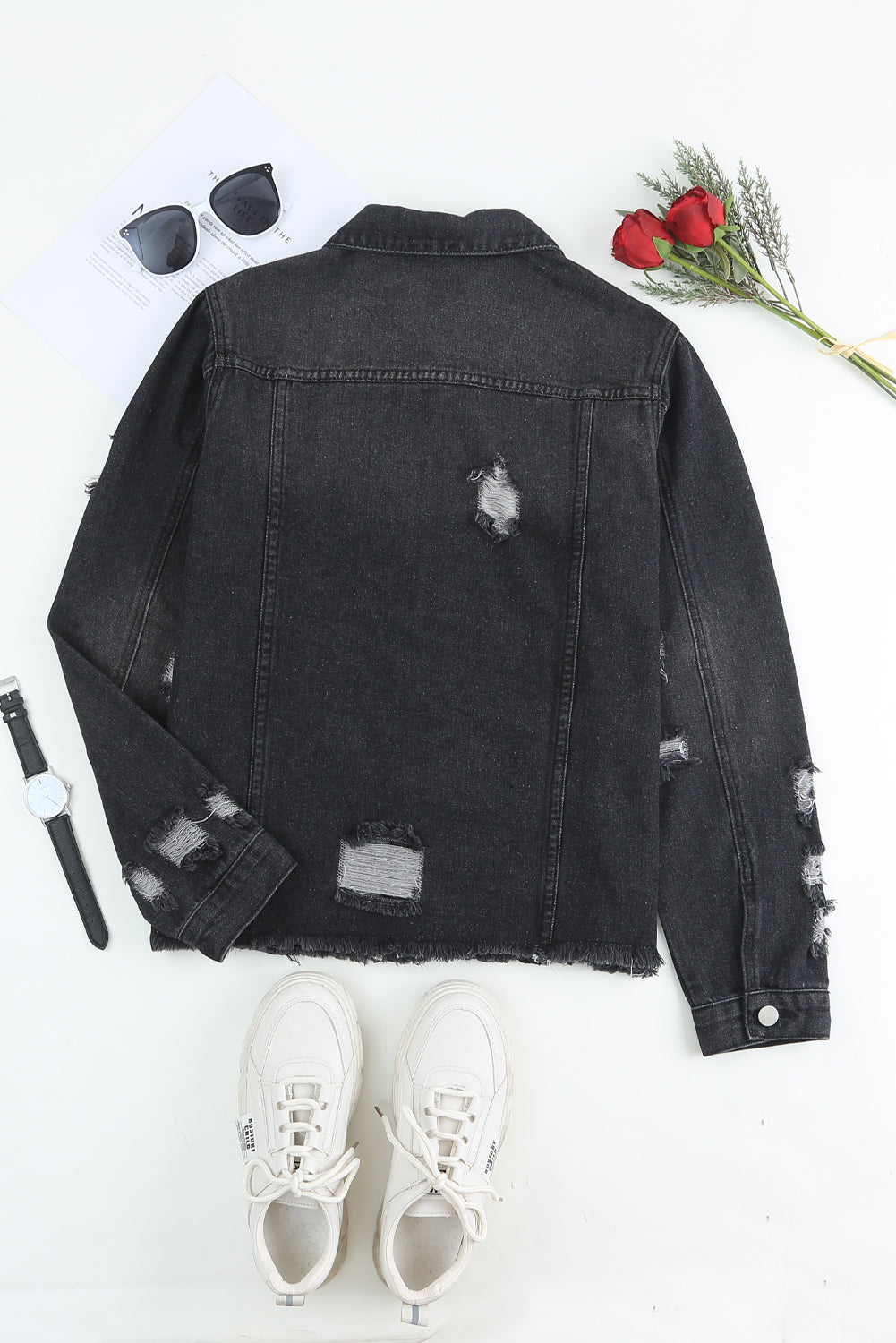 Black Distressed Raw Hem Denim Jacket