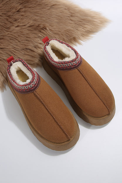 Chestnut Suede Contrast Print Round Toe Plush Lined Flats