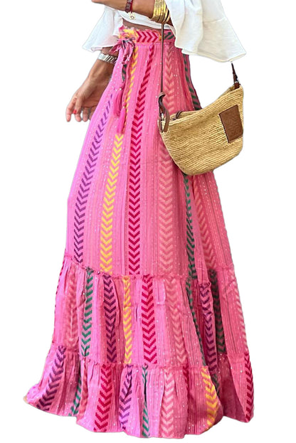 Pink Boho Tassel Tie Ruffled Tiered Maxi Skirt