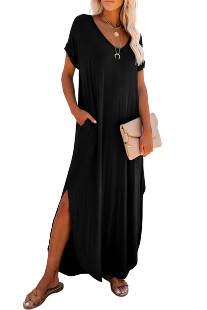 Grass Green Solid Color Hidden Pocket V Neck Slit Maxi Dress