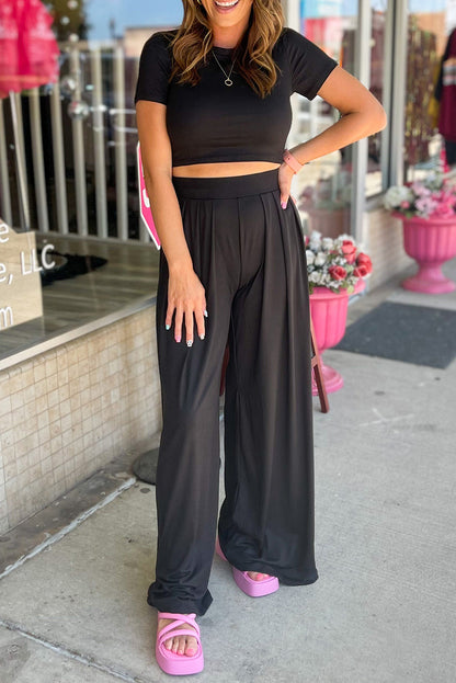 Strawberry Pink Plain Slim Fit Crop Top And Wide Leg Pants Set