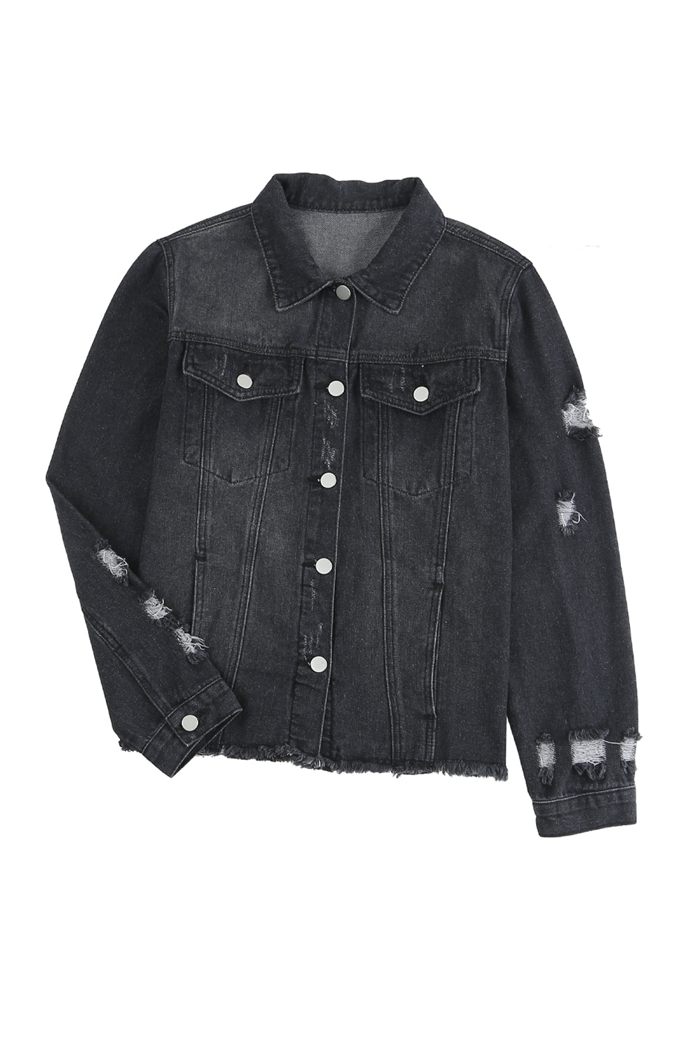 Black Distressed Raw Hem Denim Jacket