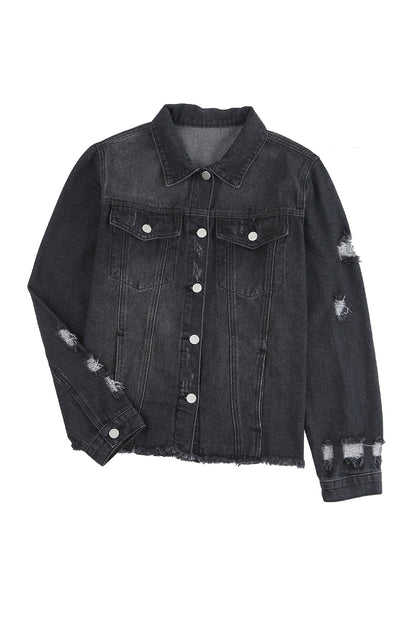 Black Distressed Raw Hem Denim Jacket