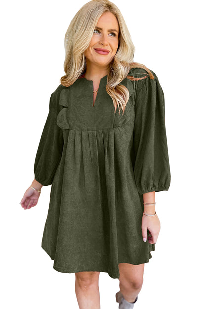 Moss Green Split Neck Scallop Detail Pleated Corduroy Mini Dress