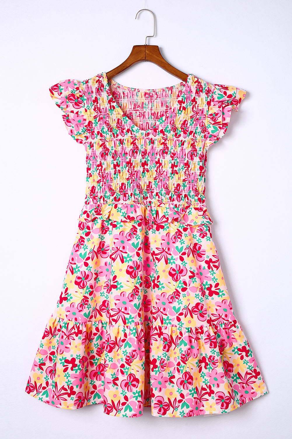 Multicolor Smocked Bodice Ruffle Trim Floral Short Dress