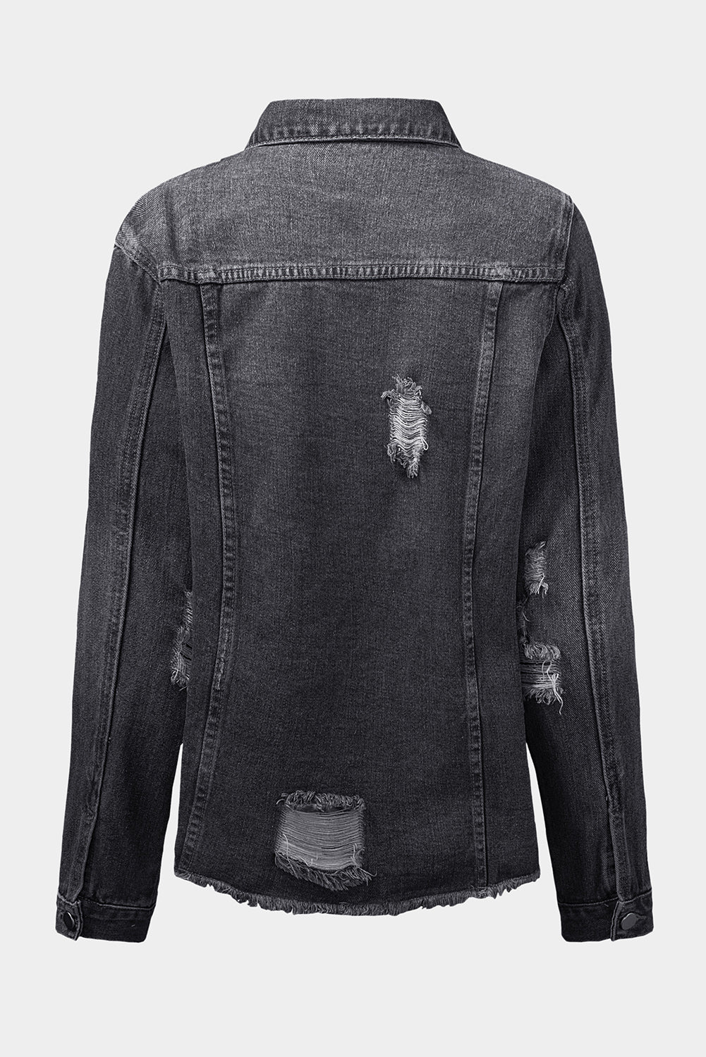 Black Distressed Raw Hem Denim Jacket