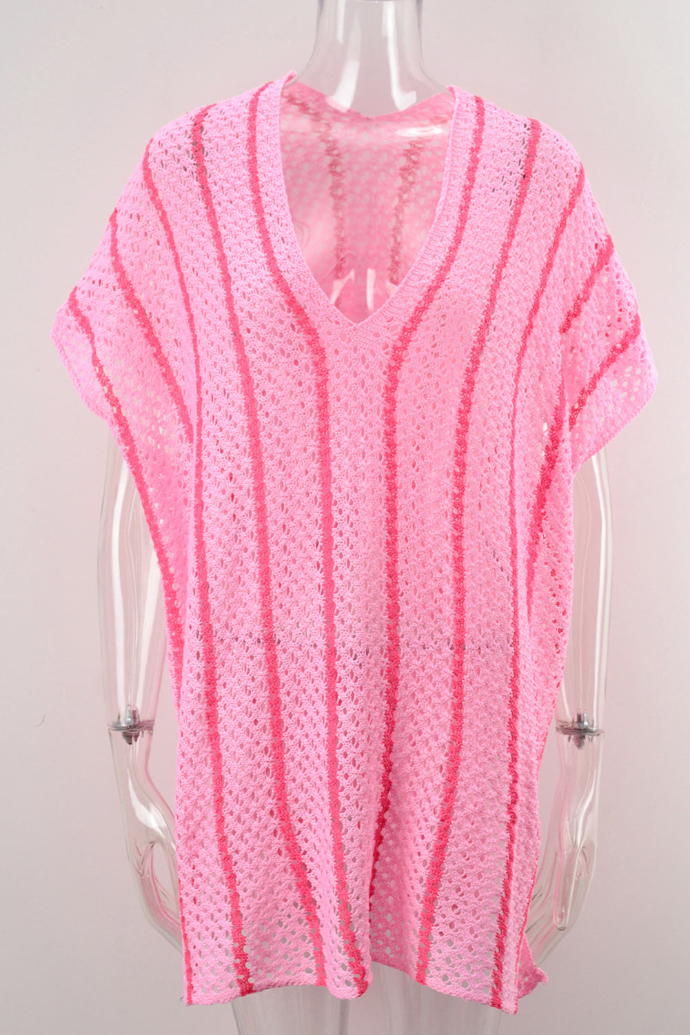 Pink Striped Crochet Loose Fit V Neck Beach Cover Up