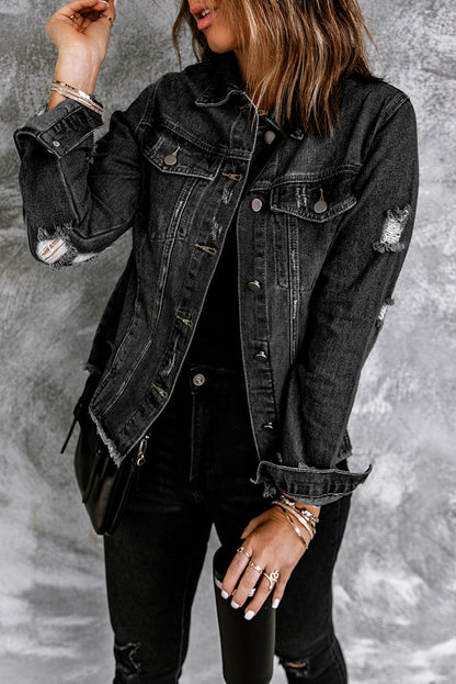 Black Distressed Raw Hem Denim Jacket