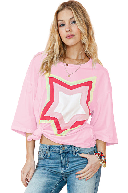 Light Pink Colorblock Star Patched Half Sleeve Oversized Tee