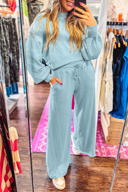 Mist Blue Drop Shoulder Crop Pullover Drawstring Wide Leg Pants Set