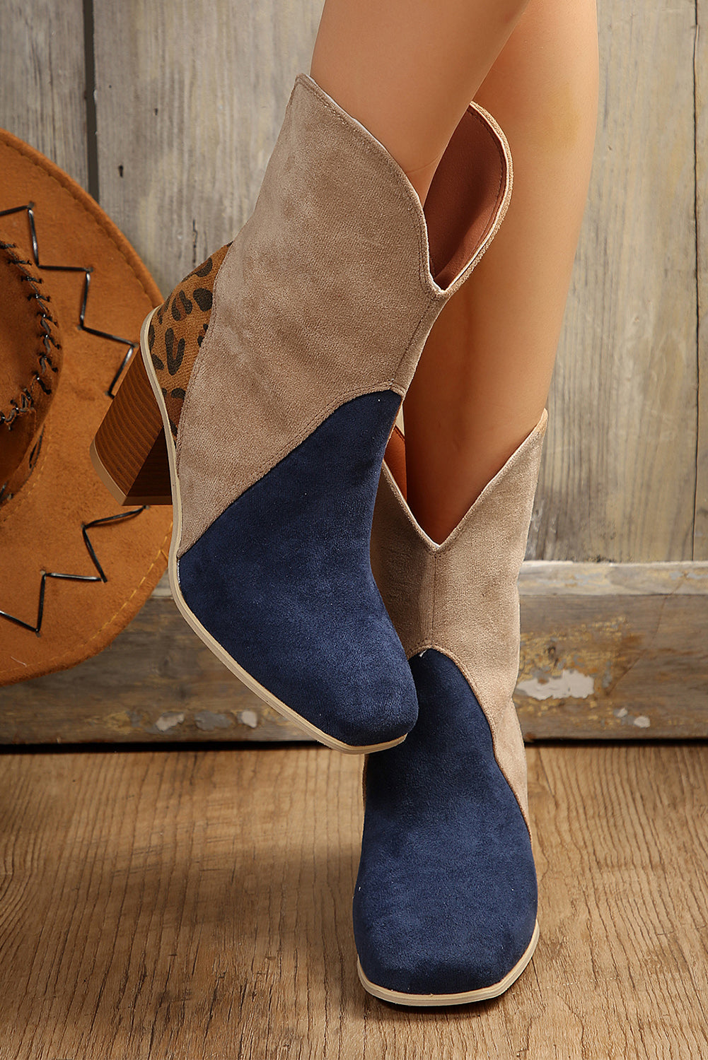 Patchwork Chunky Block Heel Boots