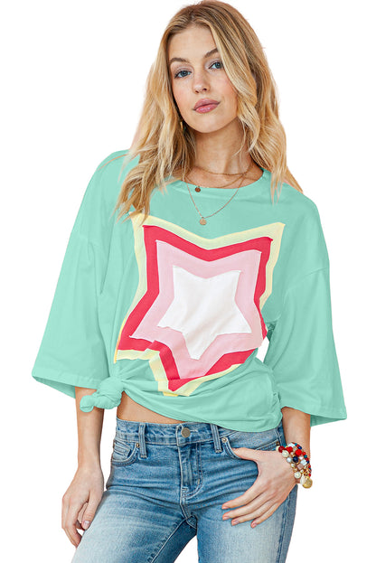 Light Pink Colorblock Star Patched Half Sleeve Oversized Tee