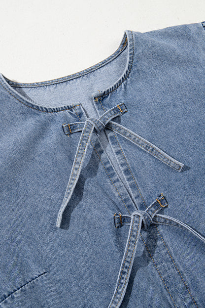 Dusk Blue Bowknot Puff Sleeve Denim Dress