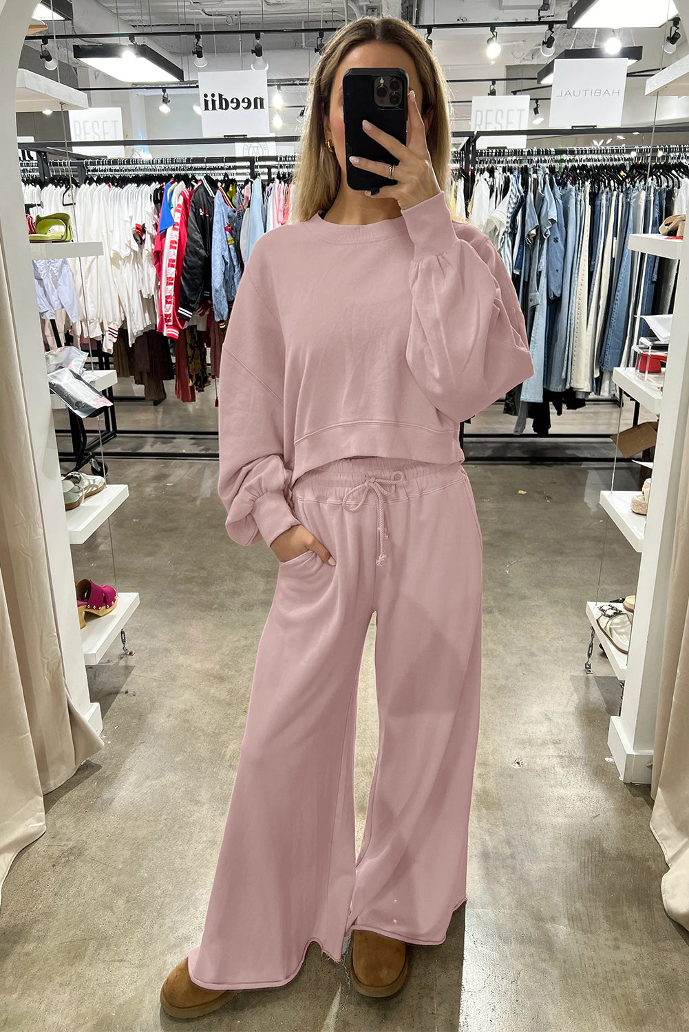 Mist Blue Drop Shoulder Crop Pullover Drawstring Wide Leg Pants Set