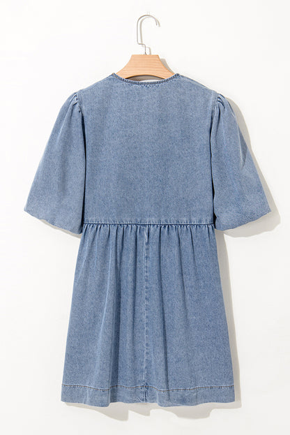 Dusk Blue Bowknot Puff Sleeve Denim Dress