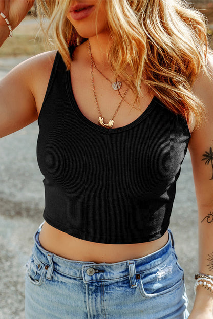 Black Solid Color Ribbed Knit Crop Tank Top