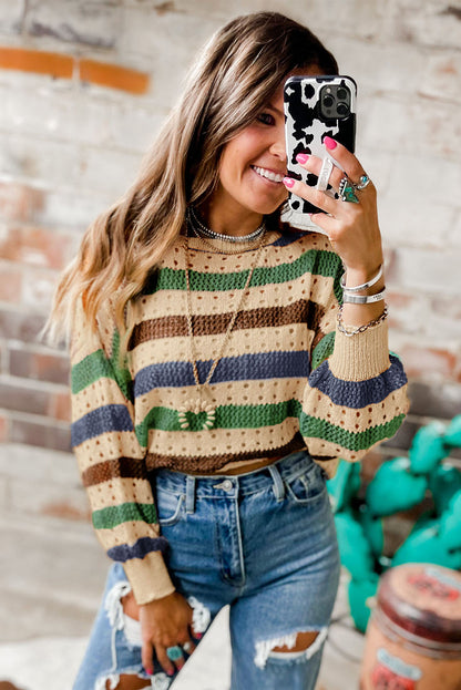 Multicolor Striped Hollowed Knitted Loose Sweater